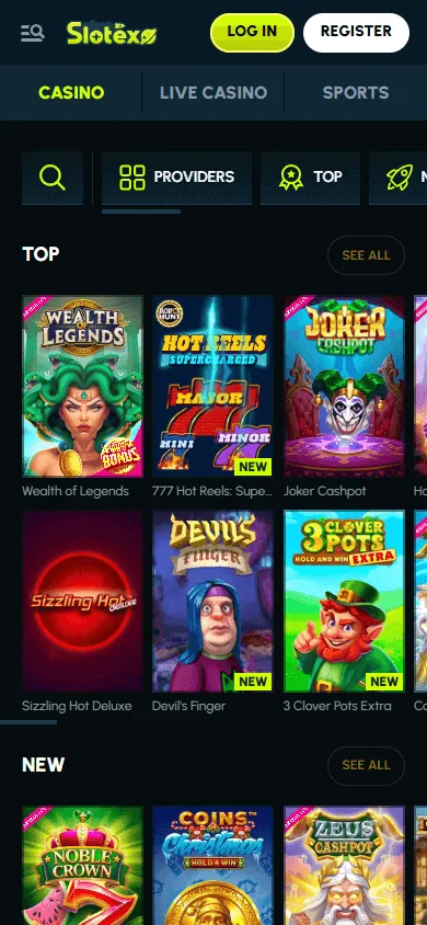 Slotexo Casino mobile browser showing casino games and categories