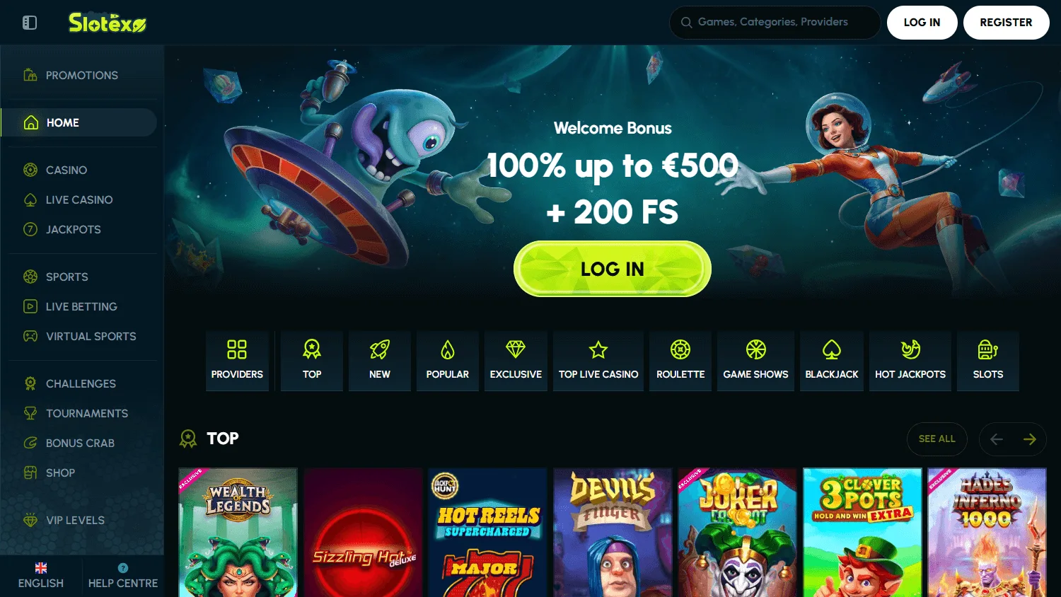Slotexo Casino desktop games library with casino categories and titles