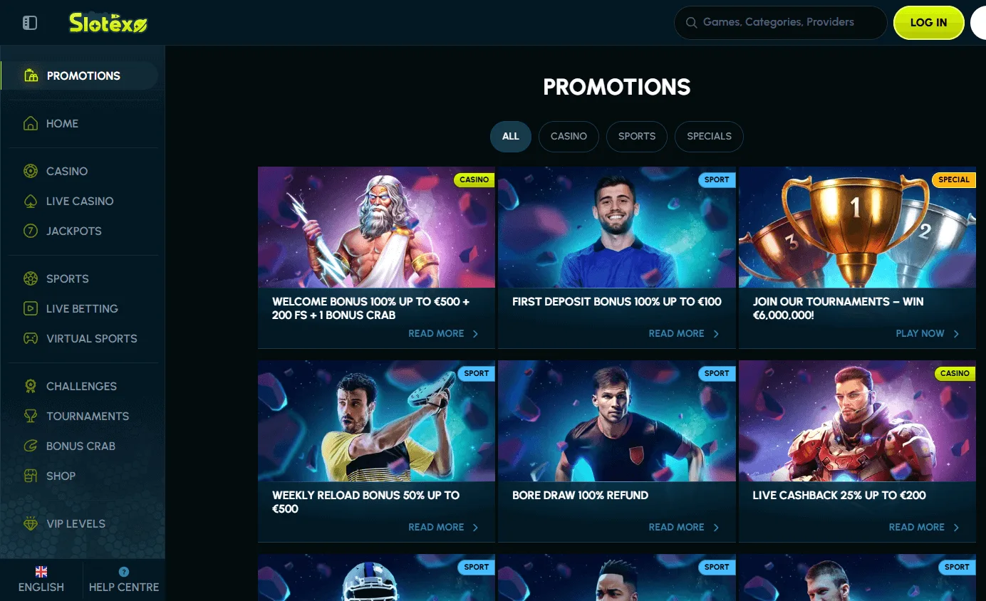 Slotexo Casino desktop promotions area with welcome and ongoing offers