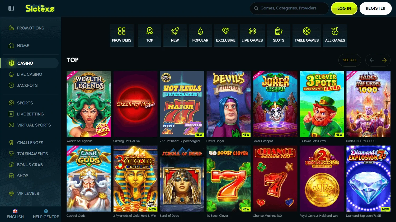 Slotexo Casino desktop view of games and live casino options