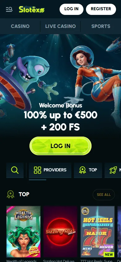 Slotexo Casino mobile browser games menu on a smartphone